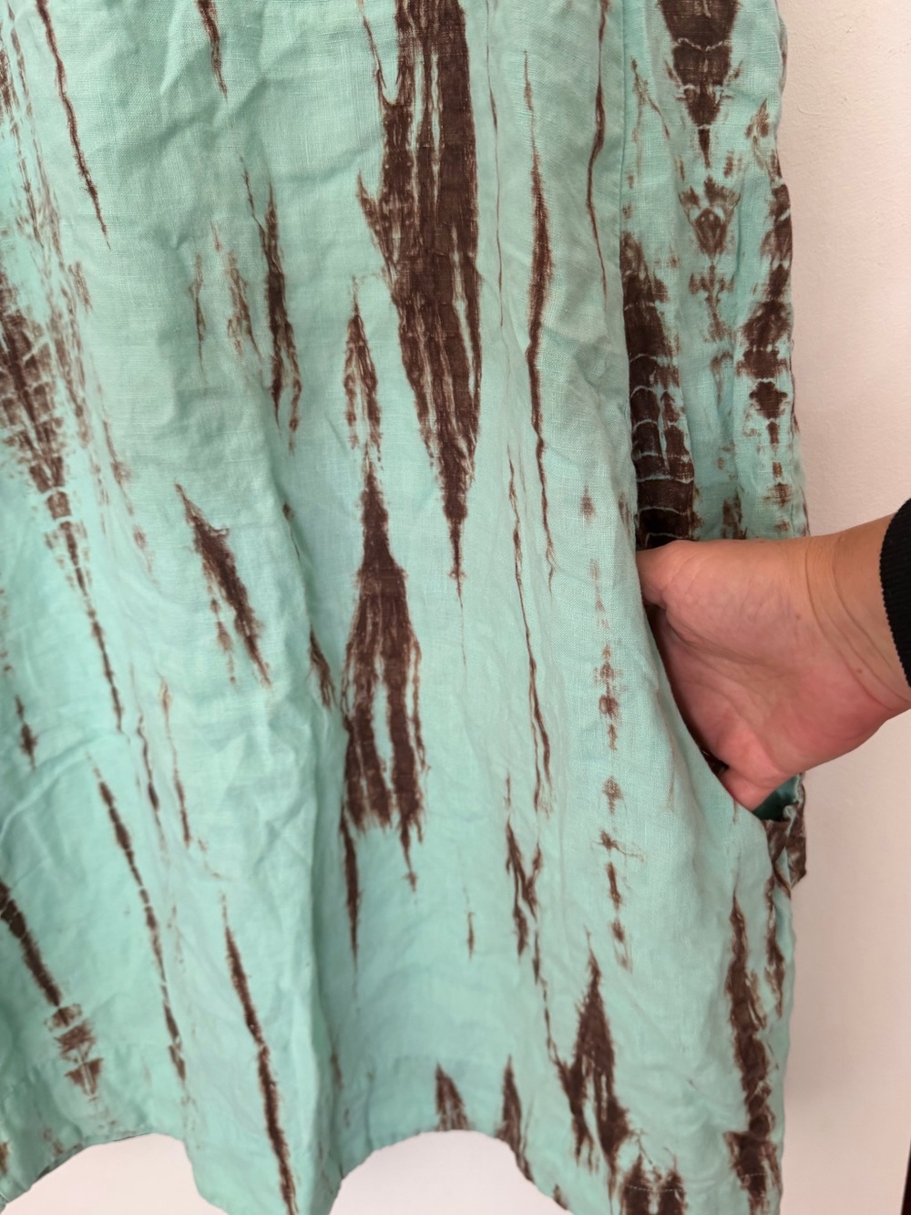Linen Tie-Dye Midi Dress Aqua Brown Boho Racerback Sleeveless Pocket Dress - Picture 4 of 8